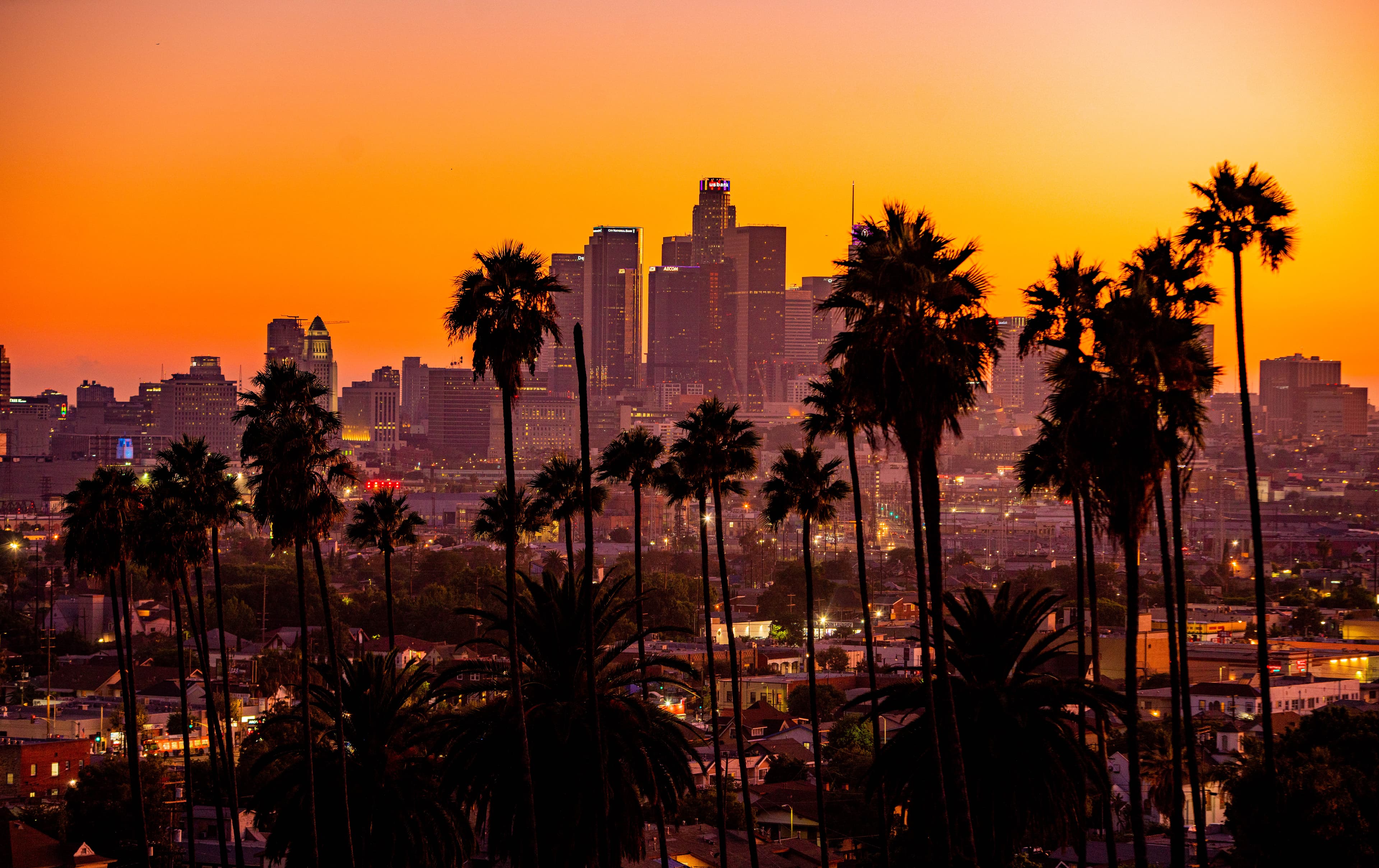 Downtown Los Angeles skyline at sunset